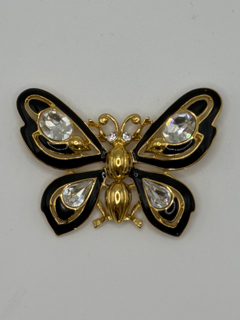 Vintage Trifari Black Enamel and Gold Butterfly Brooch with Clear Crystals